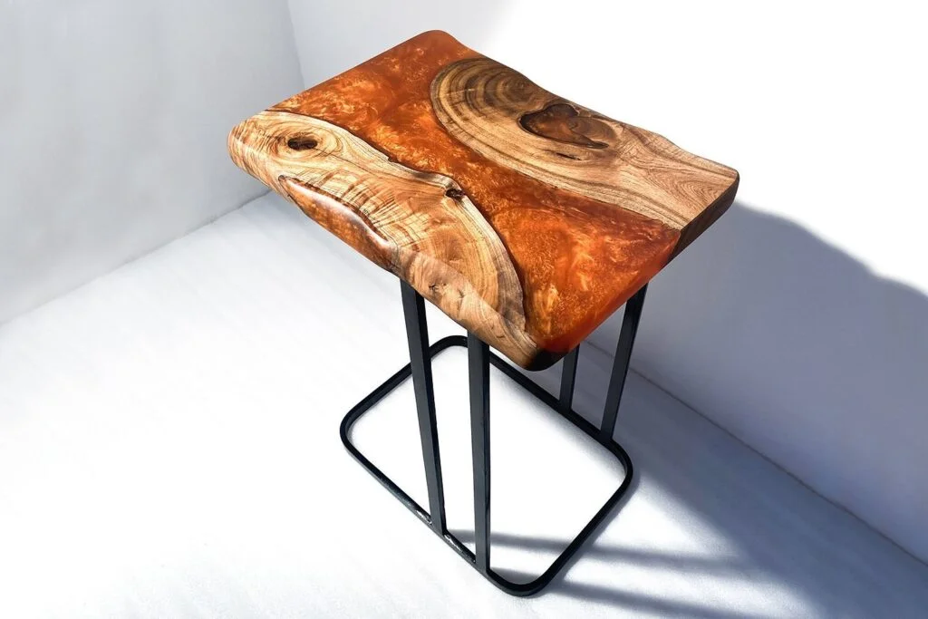 Handmade Wooden Side Table with Black Metal Base.