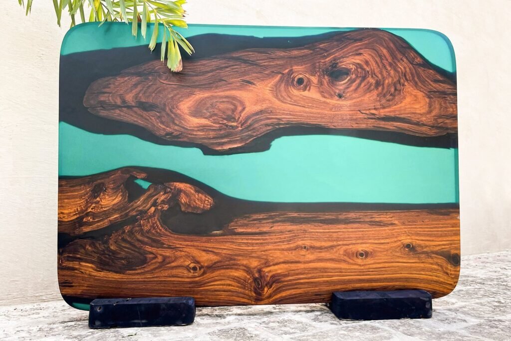 Handcrafted Raisinwoods table with natural wood and resin finish